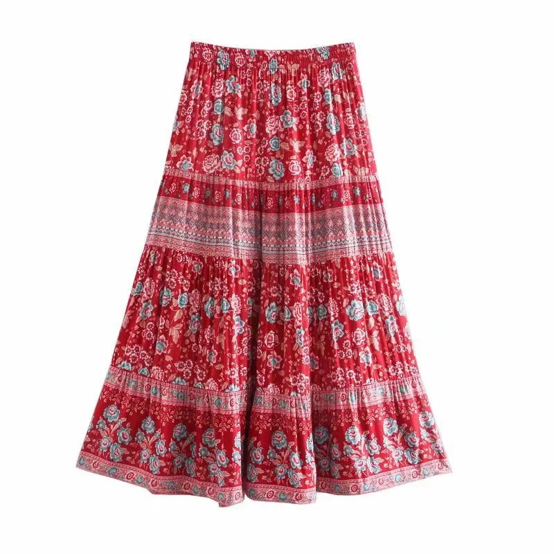 Positioned Print Elastic Waist Skirt Rayon Loose Vacation - Red