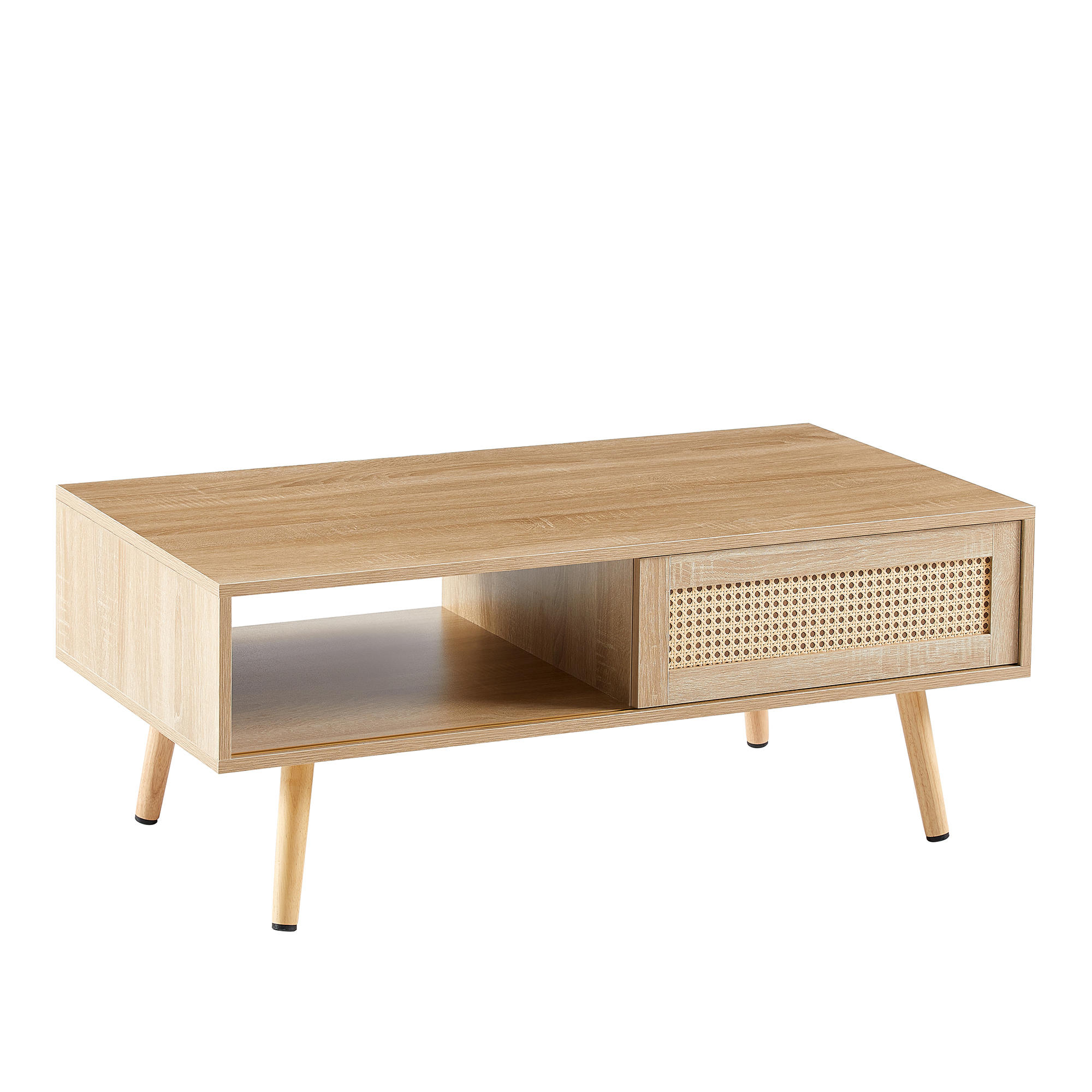41.34inch Rattan Coffee Table Sliding Door Modern Table For Storage, Solid Wood Legs