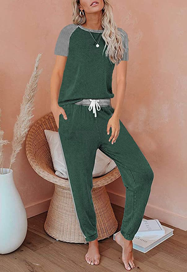Solid Color Splicing Fashion Round Neck Short Sleeve Casual Suit