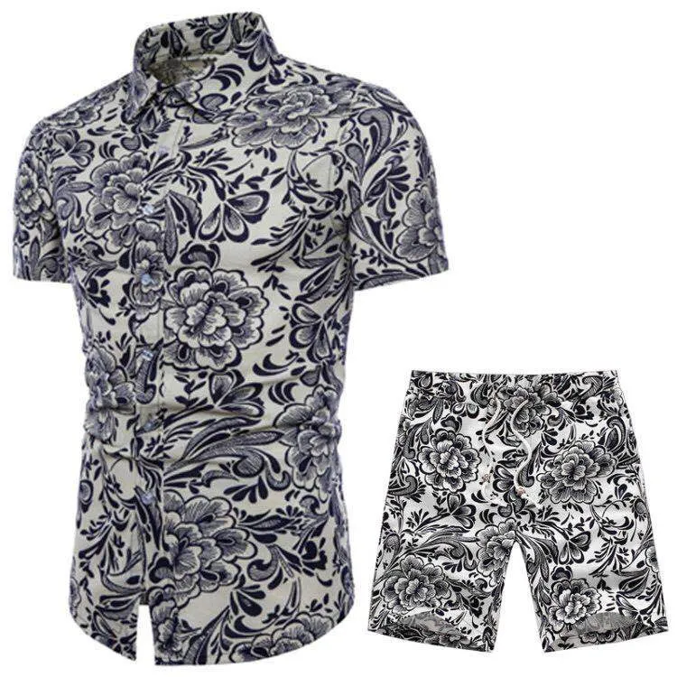 Foreign Trade New Style Men's Casual Suit Ethnic Style Large Size Short-sleeved Flower Shirt Pointed Collar Casual Shorts Suit - G-2Xl