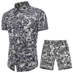 Foreign Trade New Style Men's Casual Suit Ethnic Style Large Size Short-sleeved Flower Shirt Pointed Collar Casual Shorts Suit - G-2Xl - View 1