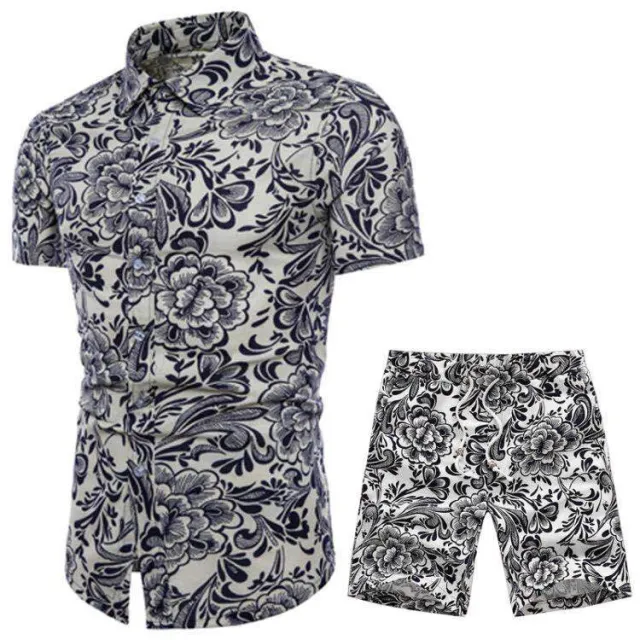 Foreign Trade New Style Men's Casual Suit Ethnic Style Large Size Short sleeved Flower Shirt Pointed Collar Casual Shorts Suit G 2Xl - Shop at LoveMi