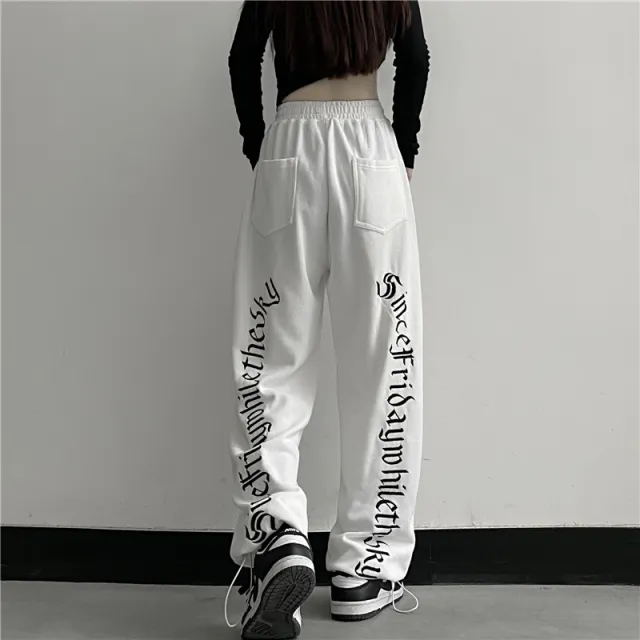 Letter Print Women's Loose Drawstring Casual Sports Pants White - Shop at LoveMi