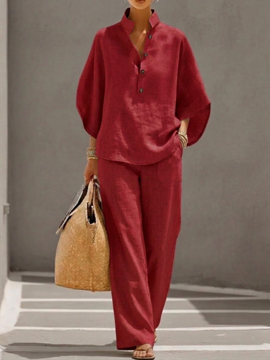 Linen Blend Stand Collar Half Button Batwing Sleeve Top & Wide Leg Pants Casual Two Piece Vacation Outfit Set