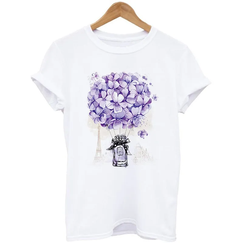 New Purple Hot Air Balloon And Flower Print Ladies T-Shirt - 7.Style