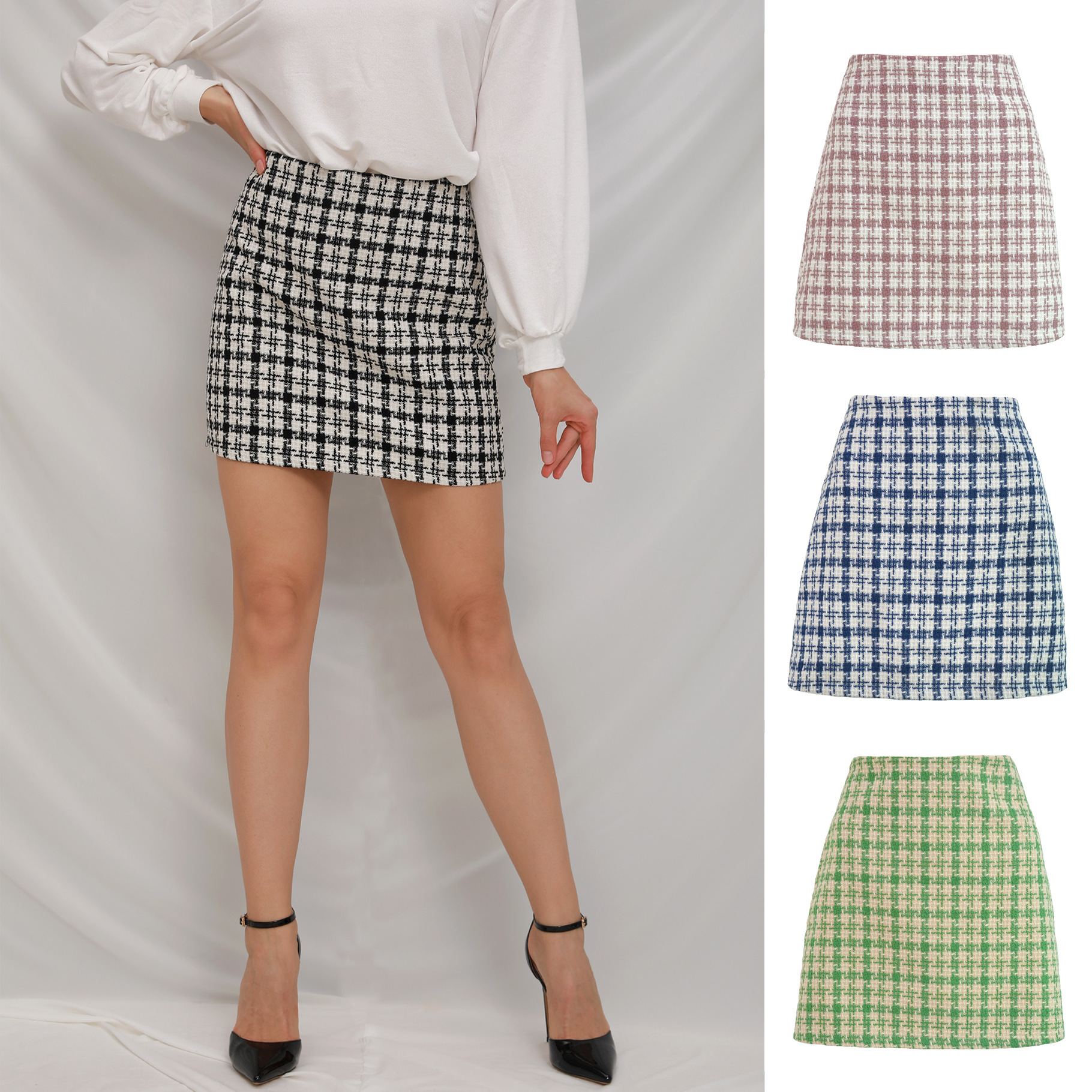 Xiaoxiangfeng Woolen High-waisted Skirt Retro Well Grid A-line Skirt Women