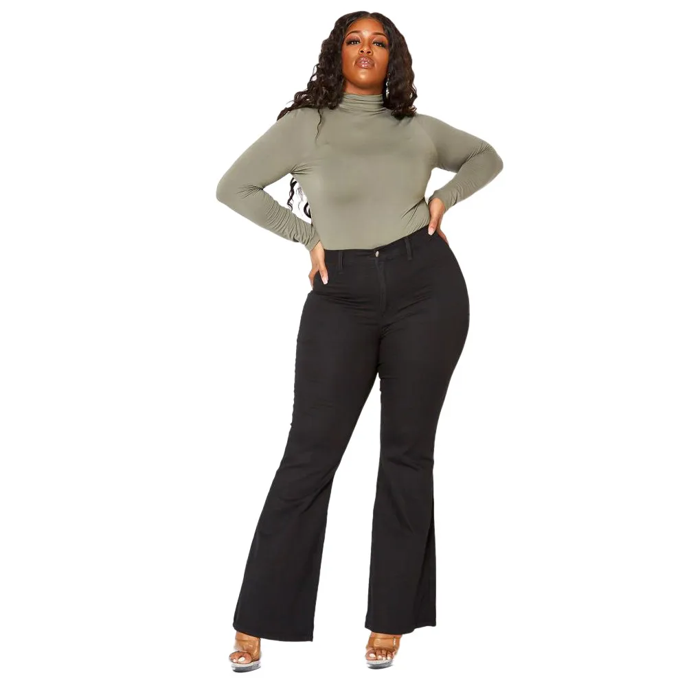 Women's Fashion Slim Fit Wide Leg Plus Size Flare Jeans - Black