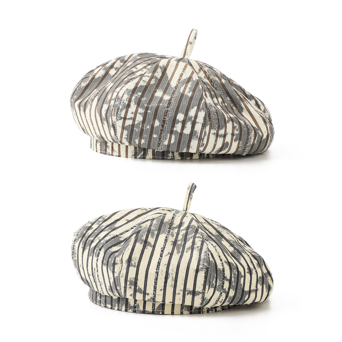 Retro Fashion Water-washed Distressed Octagonal Brimmed Beret With Faded Vertical Stripes - A Versatile Casual Hat For All Occasions