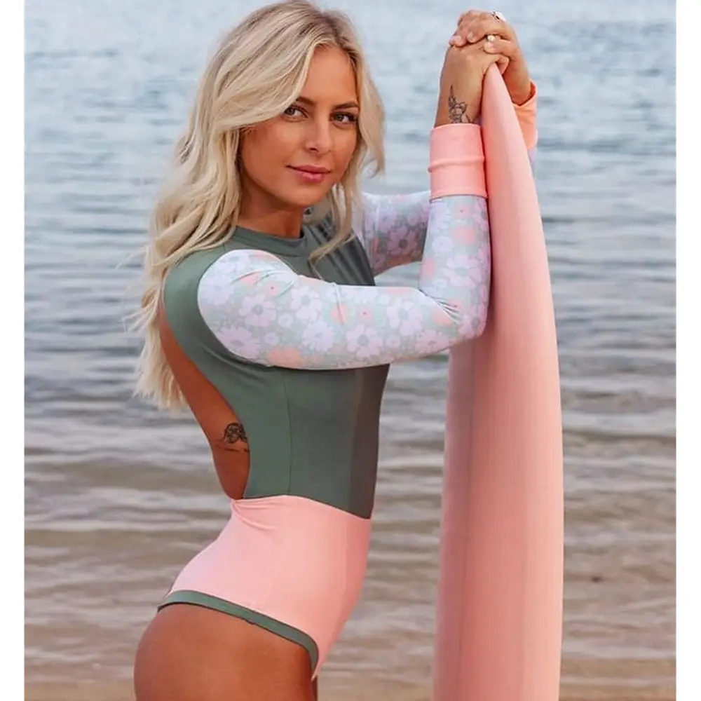 Printed Paneled Long Sleeve Back Sexy Surfwear One Piece Swimsuit