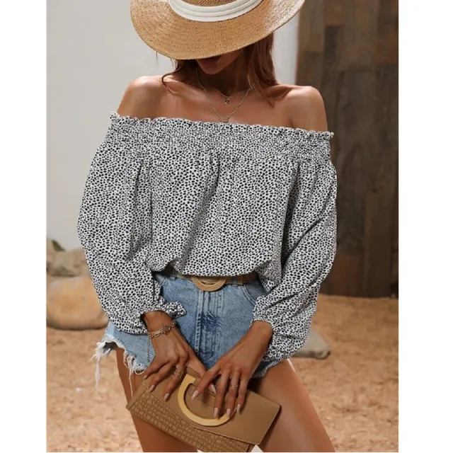 Printed Long Sleeve Shirt Slip Neck Loose Top White - Shop at LoveMi