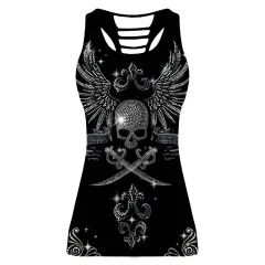 Printed Sleeveless Hollow Sexy Racer Vest, Skull Head Casual Top Women - Black - View 1