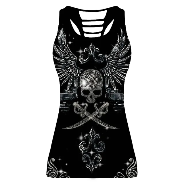 Printed Sleeveless Hollow Sexy Racer Vest, Skull Head Casual Top Women Black - Shop at LoveMi