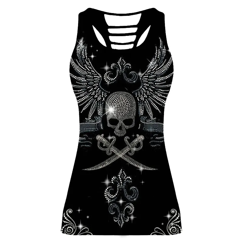 Printed Sleeveless Hollow Sexy Racer Vest, Skull Head Casual Top Women - Black