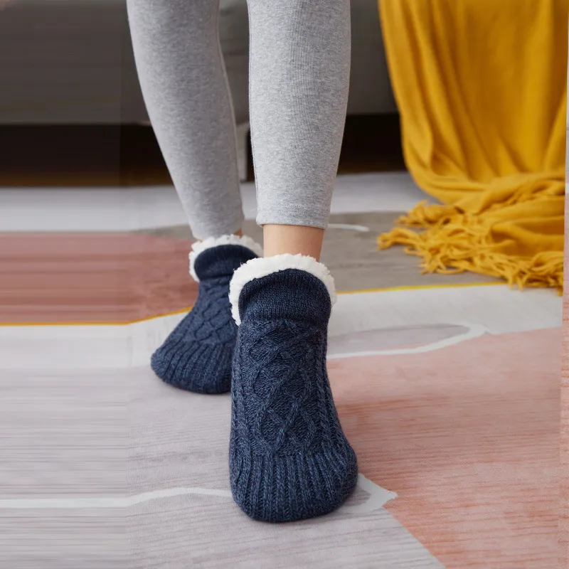 Winter Woolen Socks Women Thicken Warm Home Bedroom Socks Slippers Men Non-slip Foot Warmer Snow Socks Calcetines Mujer - Navy