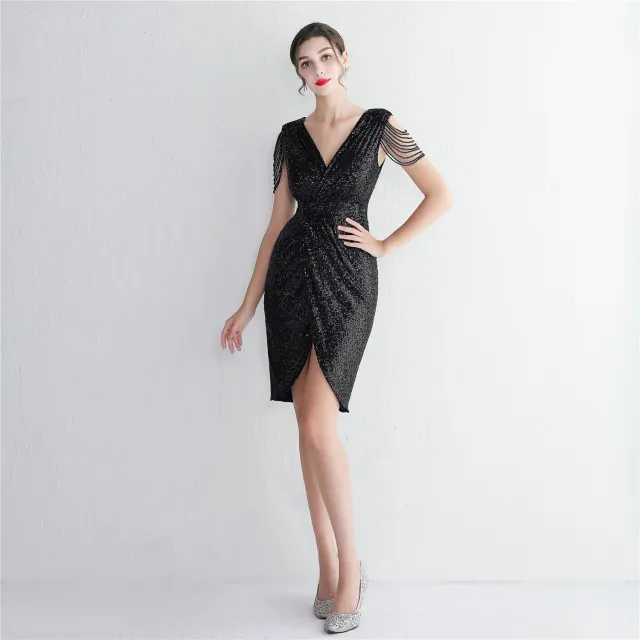 New Bead Craft Long Slimming Banquet Evening Dress Short Black - Shop at LoveMi