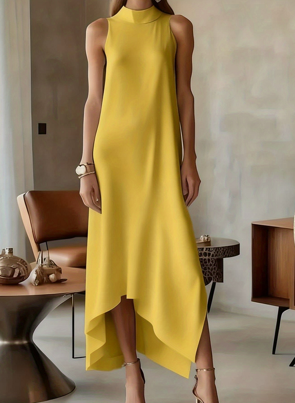 Women's Minimalist Elegant Sleeveless High-neck Midi Dress With Irregular Hem