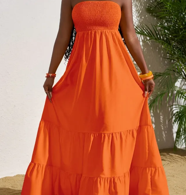 Vibrant Strapless Pleated Multi layered Full Skirt Dress, Women's Sleeveless Long Resort Style Dress Orange - Shop at LoveMi