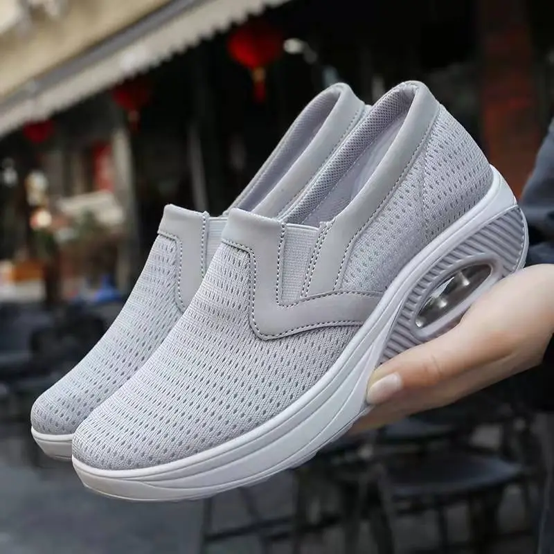 Women's Round Toe Breathable Mesh Wedge Heel Hollow Lightweight Casual Sports Shoes - Grey