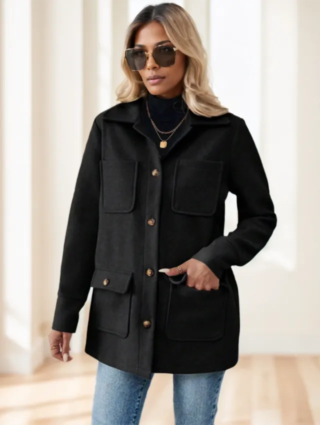 Casual Solid Color Multi Pocket Jacket, Versatile For Autumn Winter Black - Shop at LoveMi