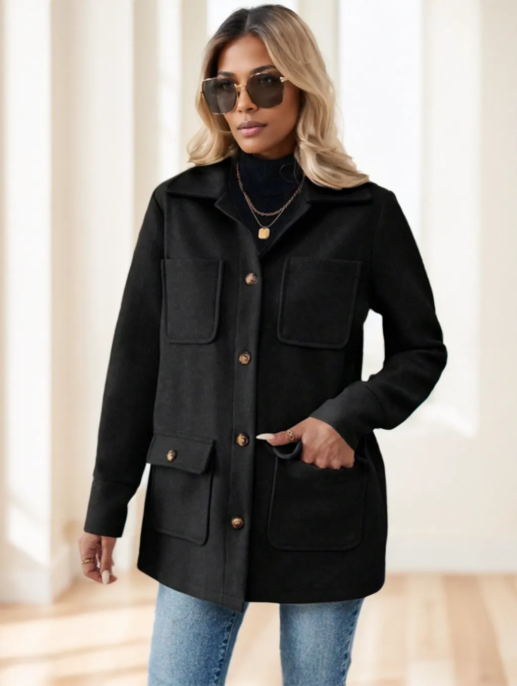 Casual Solid Color Multi-Pocket Jacket, Versatile For Autumn Winter - Black