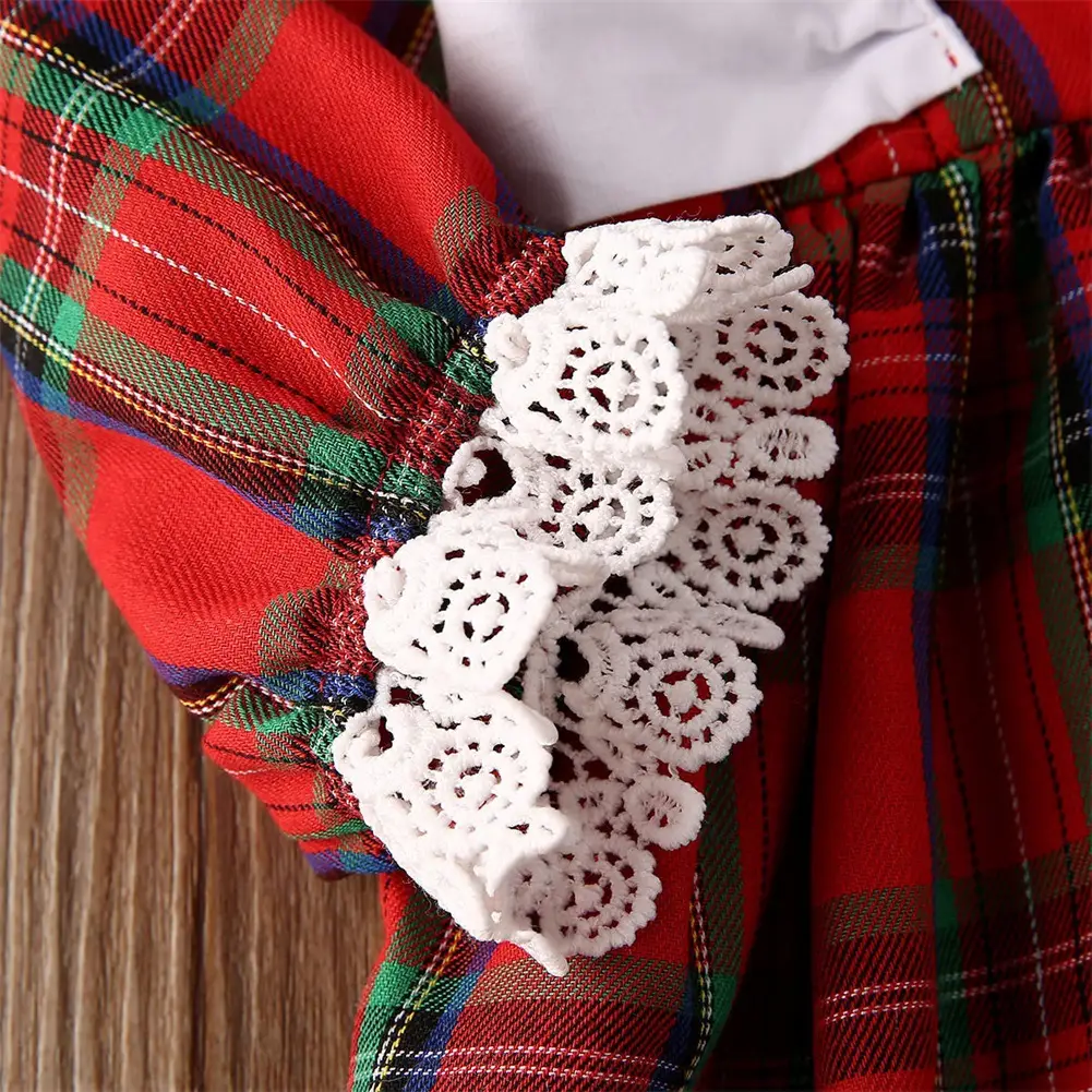 Round Neck Lace Long Sleeve Western Style Plaid Dress