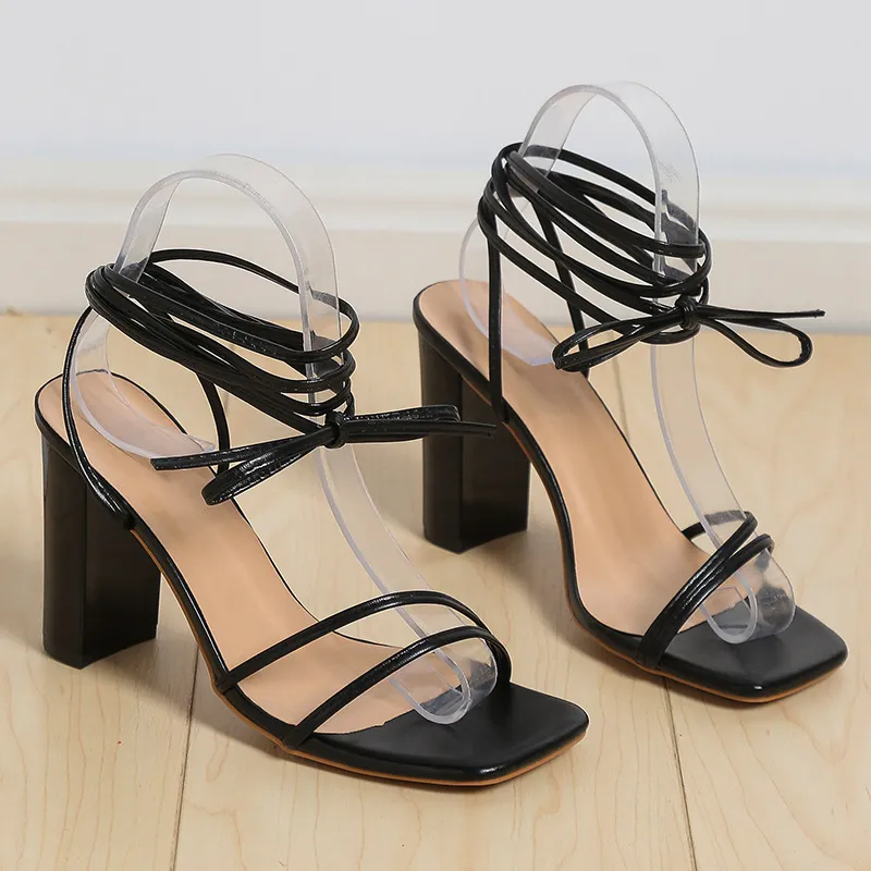 Women's Fashion Simple Square Head Strappy High Heels - Black