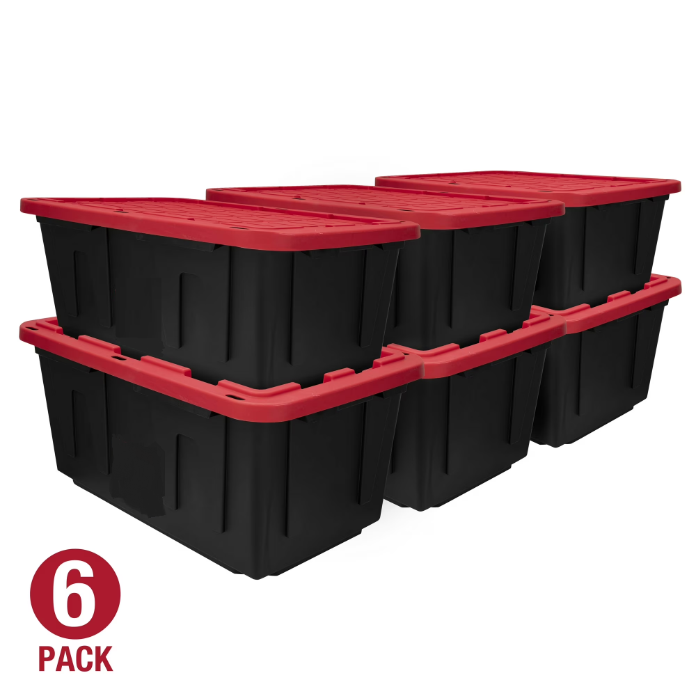 6 Pack 27 Gallon Large Storage Bin With Snap Lid, Black And Red, Heavy Duty Plastic Storage Container     Shipment From Walmart