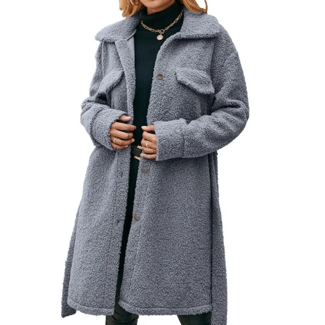 Mid Length Lapel Belted Single Breasted Plush Trench Coat Blue Grey - Shop at LoveMi