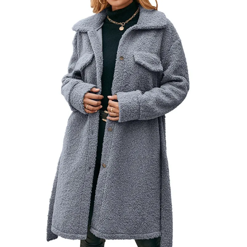 Mid Length Lapel Belted Single Breasted Plush Trench Coat - Blue Grey