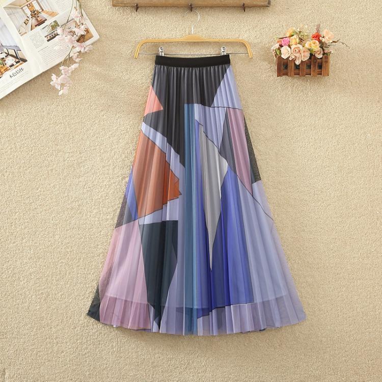 Color Block Gradient Tulle Midi Skirt, Women Autumn New High Waist Slim Pleated Mesh Skirt