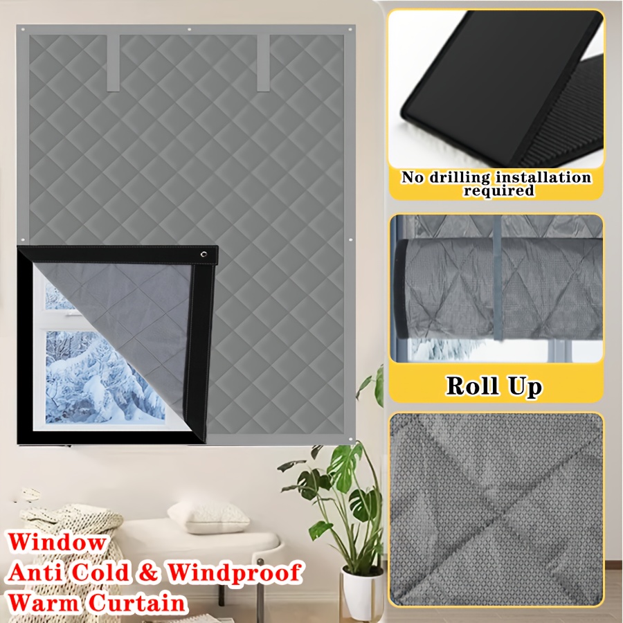 No Drill Thick Quilted Window Thermal Curtain, Wind Cold Insulation Foldable Roll Up Window Drape, Energy Saving Warm Window Cover For Home Rental Basement Winter Cold Protection