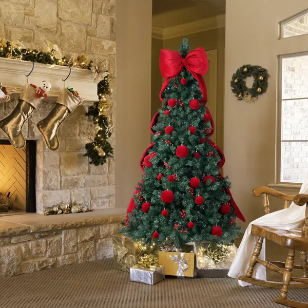 7.5 FT Artificial Christmas Tree With DIY 300 Warm White LED Lights, Hinged Xmas Pine Tree With Giant Bowknot And Red Ball Ornaments For Holiday Party Office Ho