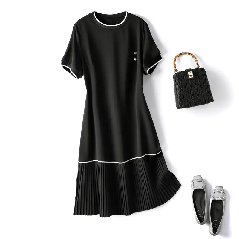 Ladies Elegant Fan Hem Round Neck Knitted Short-sleeved Dress