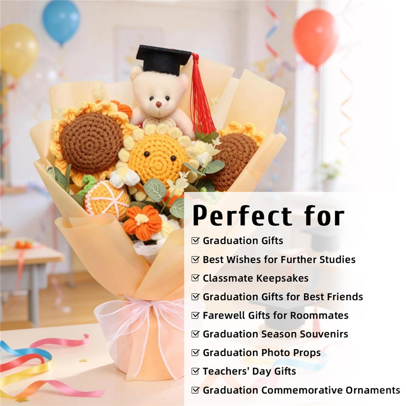 Graduation Handmade Crochet Bouquet, Knitted Sunflowers With Graduate Bear, Eternal Yarn Flower Gift For Graduation & Home Decoration