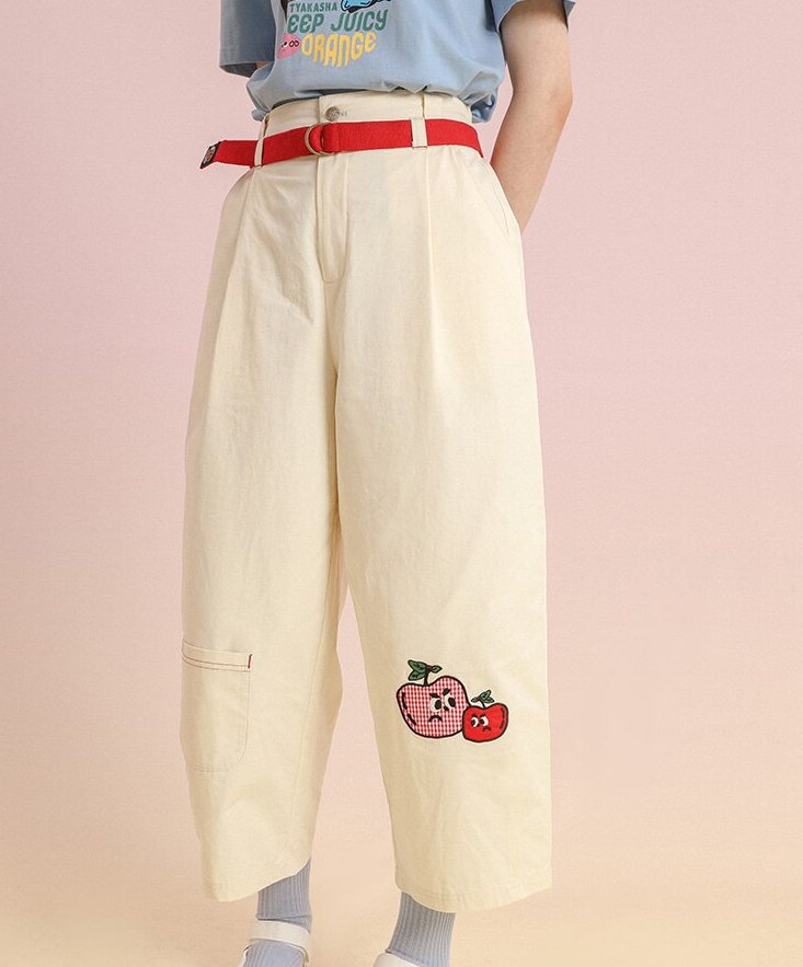 Title 2, Fruit Embroidered Beige Bloomers Cropped Trousers