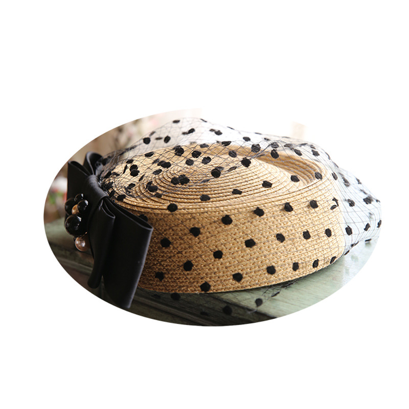 Vintage Straw Handmade Bow Black Dot Veil Small Top Hat