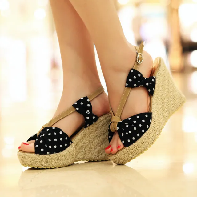 Sweet And Cute Polka dot Open toed Platform Hemp Wedging Wedge Sandals Black - Shop at LoveMi