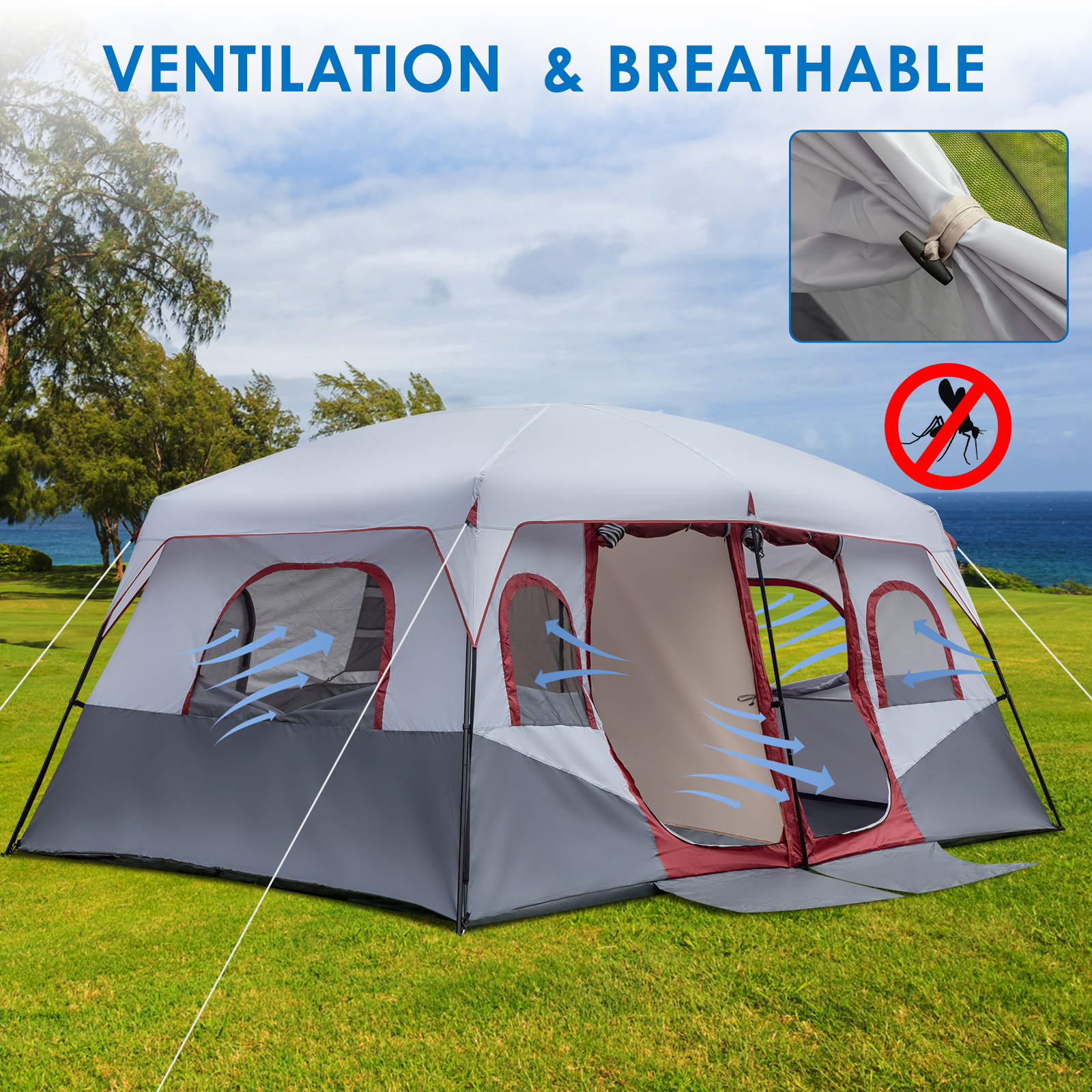 10 Person Red, White, And Gray Two Room Camping Tent