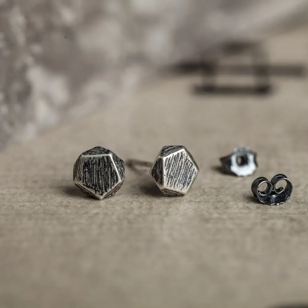 S925 Sterling Silver Pentagonal Cube Brushed Earrings Unplanned