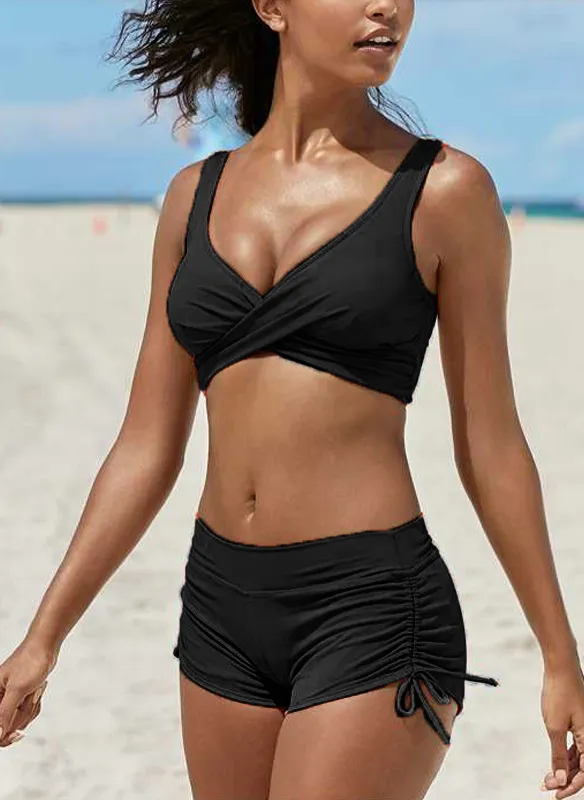 Women's Removable Strap Bandeau Top High Cut Cheeky Bikini Set Swimsuit Black - Shop at LoveMi