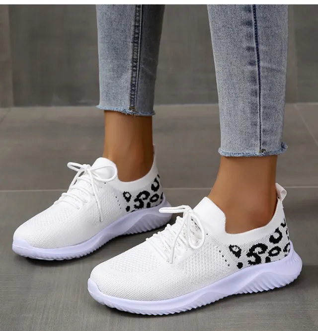 White Shoes Women Leopard Print Lace up Sneakers Sports White - Shop at LoveMi