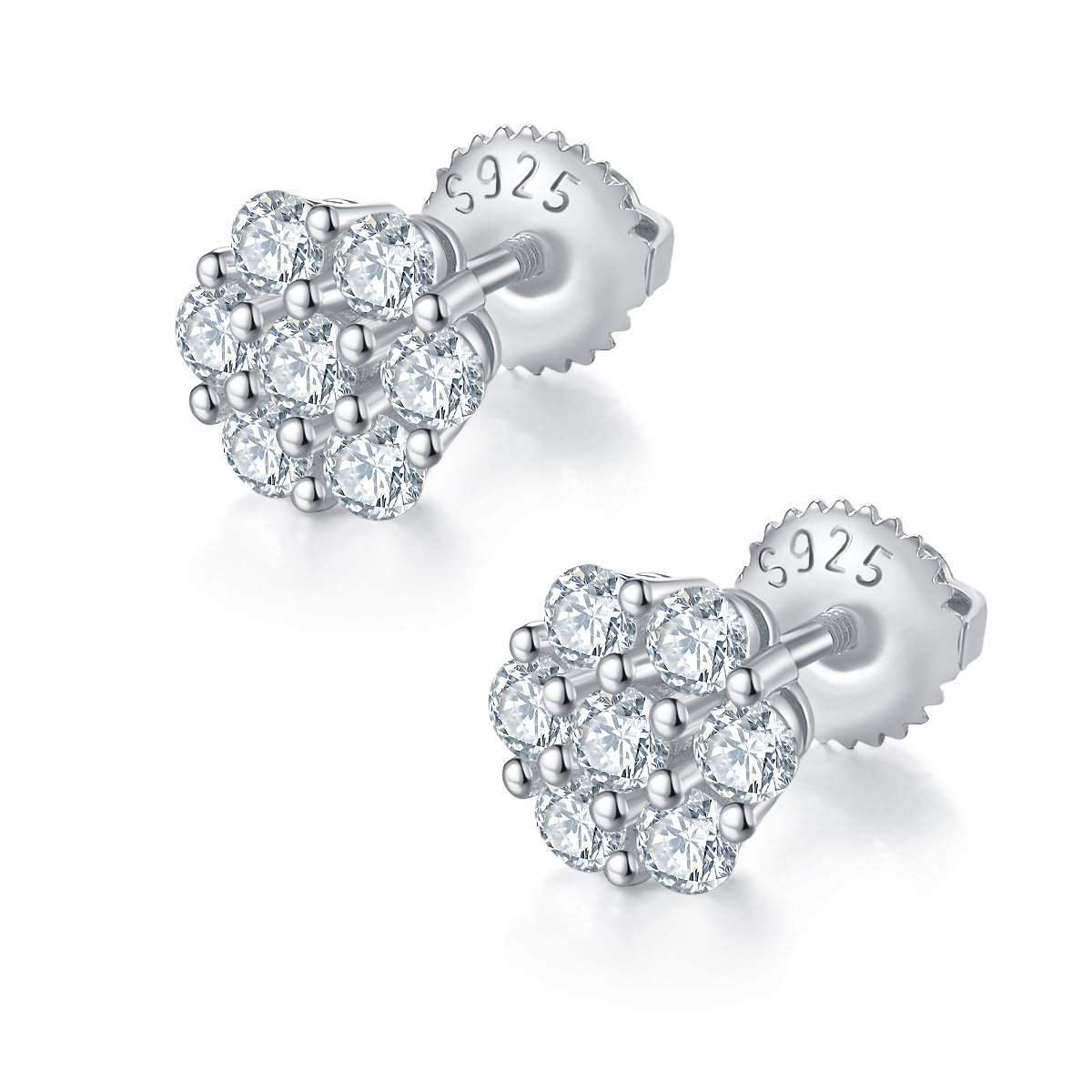 S925 Sterling Silver 14pcs D Color VVS1 Moissanite Cluster Stud Earrings 1.5g Screw Back Hypoallergenic GRA Certified Gift Box