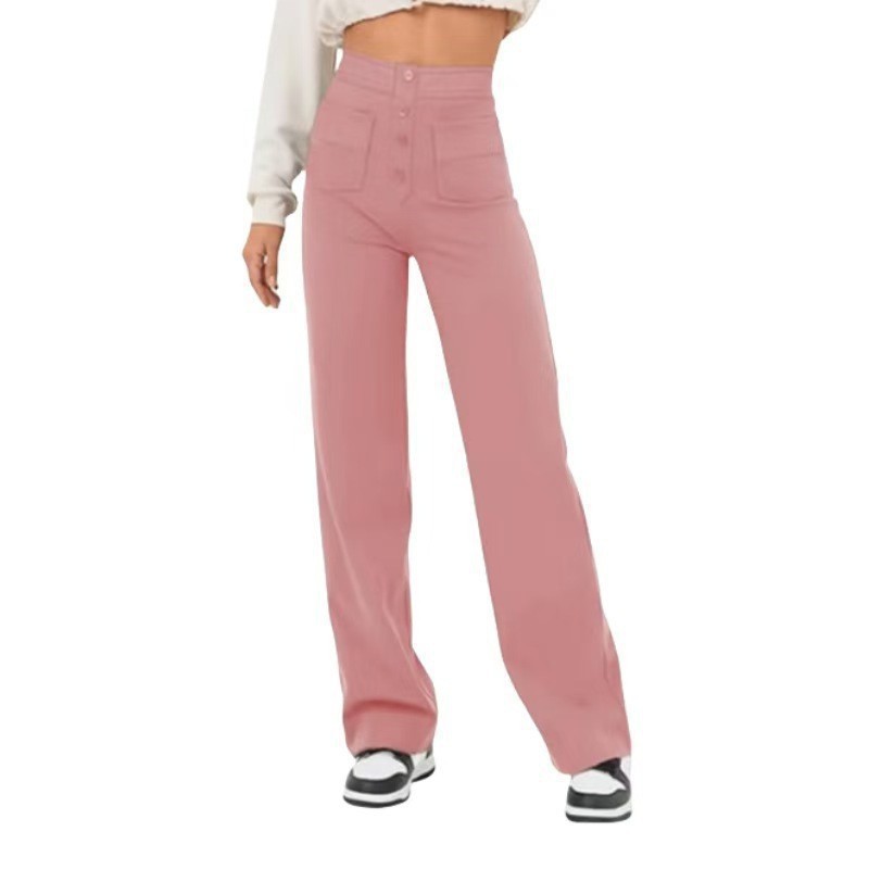 Women's Casual Straight Leg Pants With High Waist, Button Closure, Elasticity, And Multiple Pockets Pink - Shop at LoveMi
