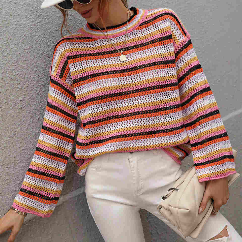 European And American Stitching Knitwear Women's Loose Cross-color Foreign Trade Round Neck Striped Sweater Women