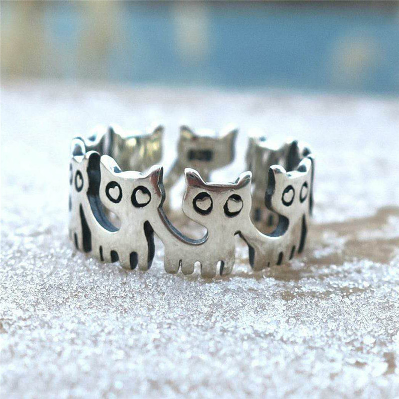 Europe And America Plated S925 Retro Thai Silver Black Cute Cat Ring