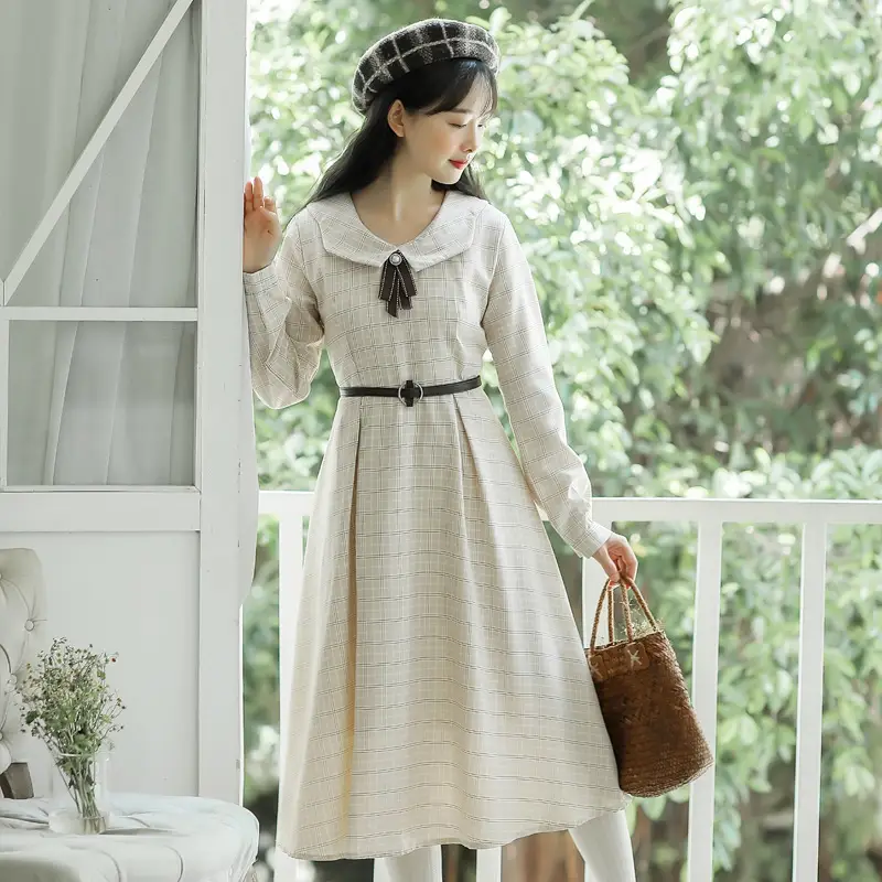 French Retro Plaid Waist Dress Temperament