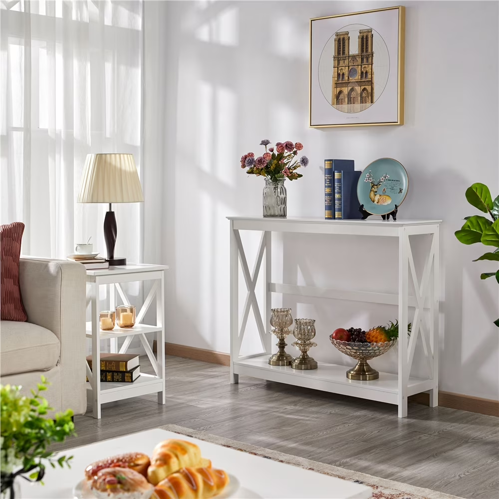 Double Layered X-shaped Reinforced Wooden Foyer Table With Storage Layer, Suitable For Entering The Living Room, White  Limited To Five Orders Per Address