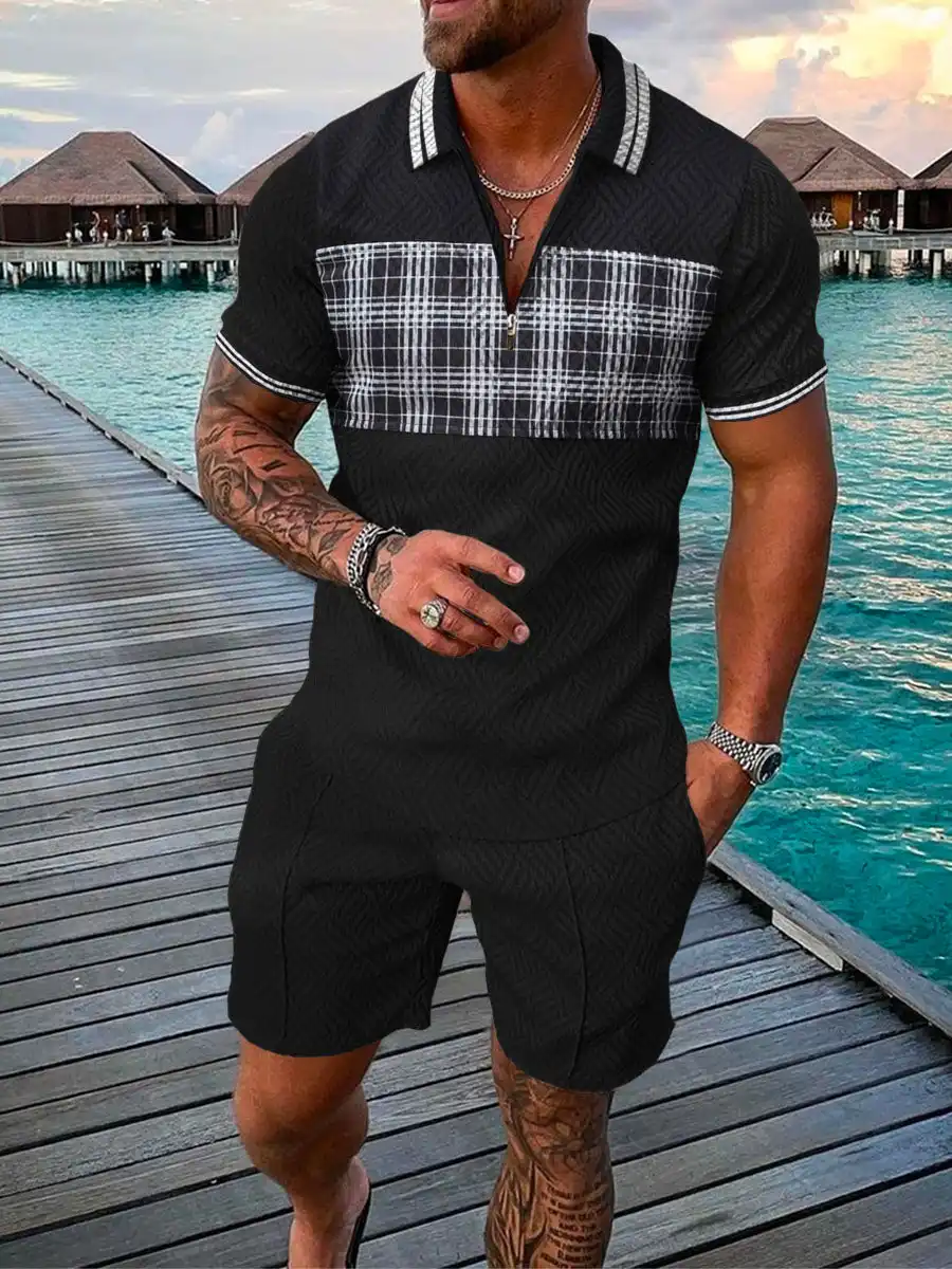 Men's Summer Fashion 3D Printed Short Sleeve Geometric Zip Lapel Shirt Set
