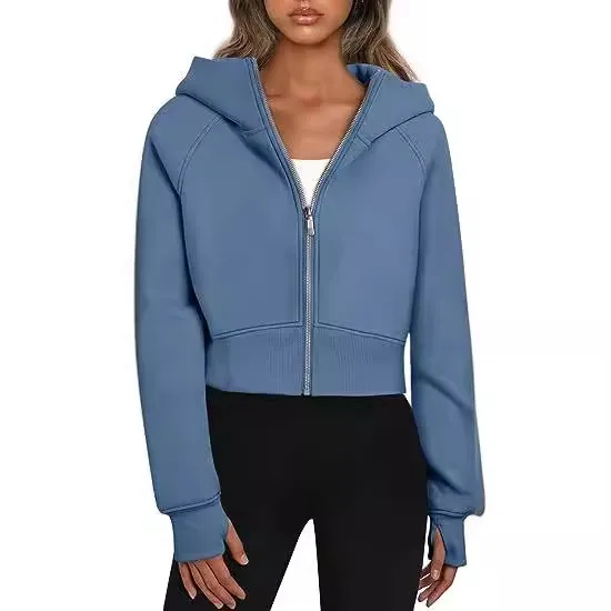 Casual Zippered Hooded Sweatshirt Fleece Sport Cardigan Fashion Hoodies Short Tops Womens Clothing Sea Blue - Shop at LoveMi