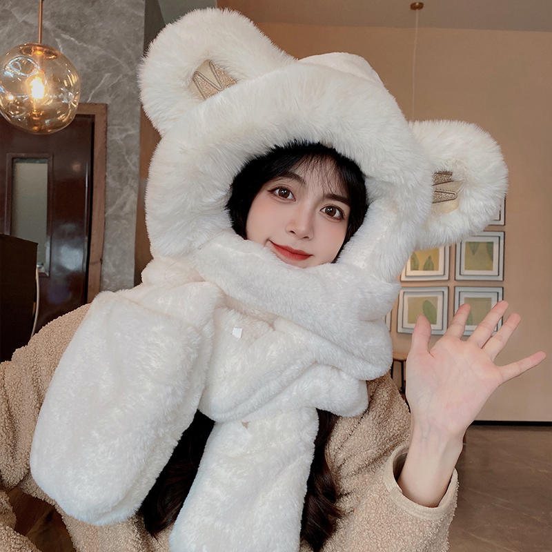 Women's Autumn And Winter Cute Plush Bonnet Thick Warm Scarf Gloves Three-piece Set - Image 12